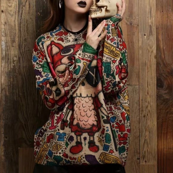 Womens Pullover Sweater Small Beige Red Stretch Crew Neck Print Bear Dolls Relax - Picture 4 of 16